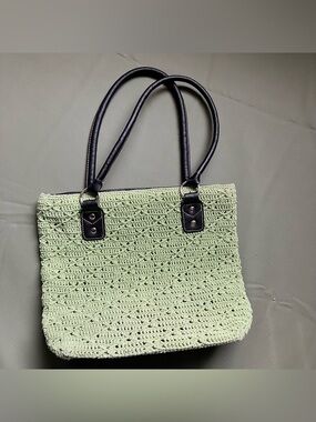 Woven Spring Green Crochet Tote Bag with Black Handles